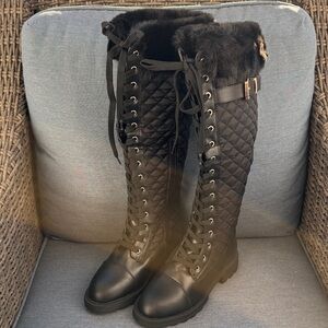 Women’s Black Quilted Lace-Up Boots with Fur Trim - Kalima Style Size 6
